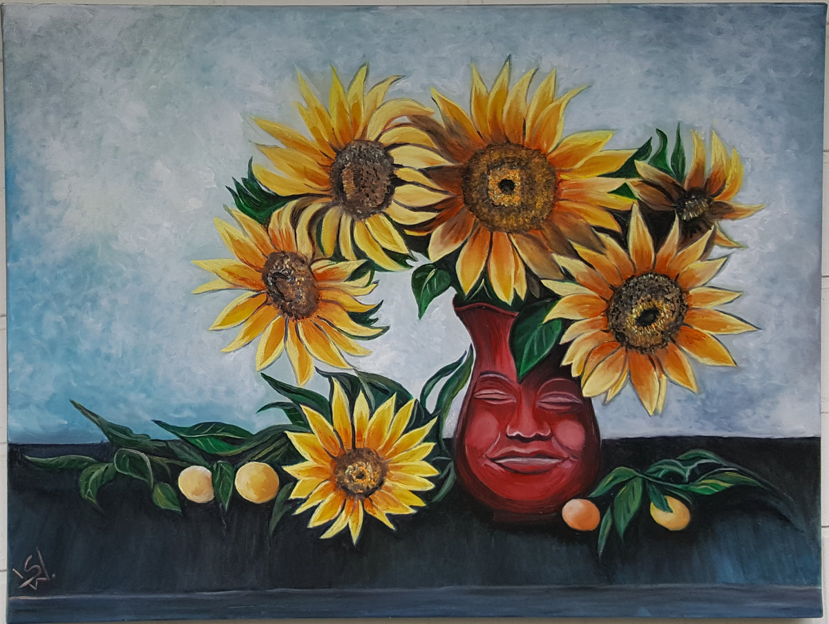 Gelbe Sonnenblumen in roter Vase mit schlafendem Gesicht, Ölgemälde
