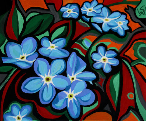 Blue flowers, blaue Blüten auf rotem Hintergrund, Ölgemälde Teil 3