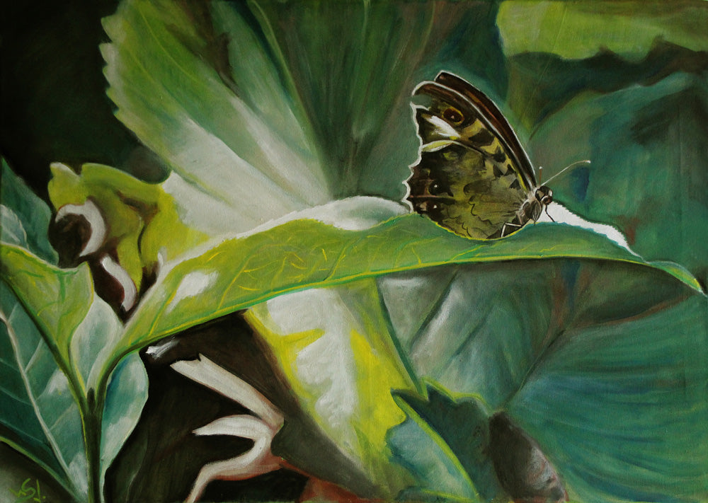 Lichtlandung, landender Schmetterling auf grünem Blatt, Ölgemälde