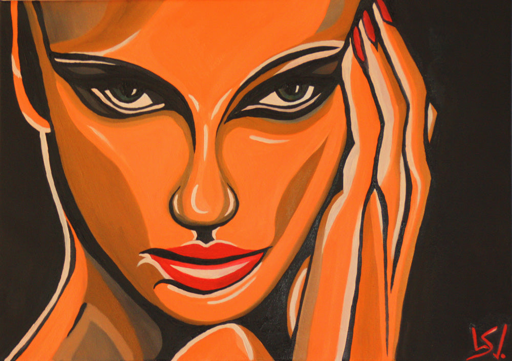 Kopfkino, Frauenporträt im Pop-Art Stil, Ölbild in Schwarz, Rot, Orange