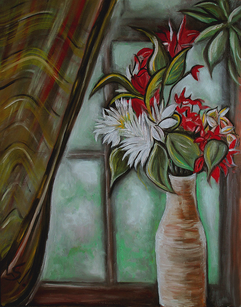 Der Platz am Fenster, Blumenvase mit roten und weißen Blüten am Fenster mit Vorhang, Ölgemälde