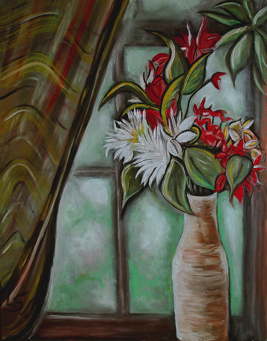 Der Platz am Fenster, Blumenvase mit roten und weißen Blüten am Fenster mit Vorhang, Ölgemälde