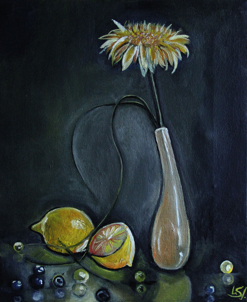 Kleine Vase, Stillleben mit Gerbera, schlanker Vase, Zitronen und Murmeln, Ölgemälde