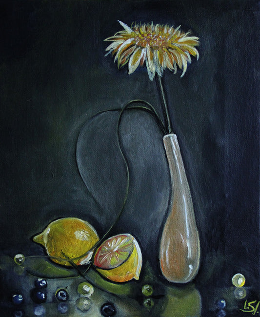 Kleine Vase, Stillleben mit Gerbera, schlanker Vase, Zitronen und Murmeln, Ölgemälde