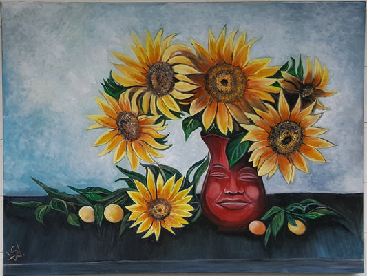 Gelbe Sonnenblumen in roter Vase mit schlafendem Gesicht, Ölgemälde