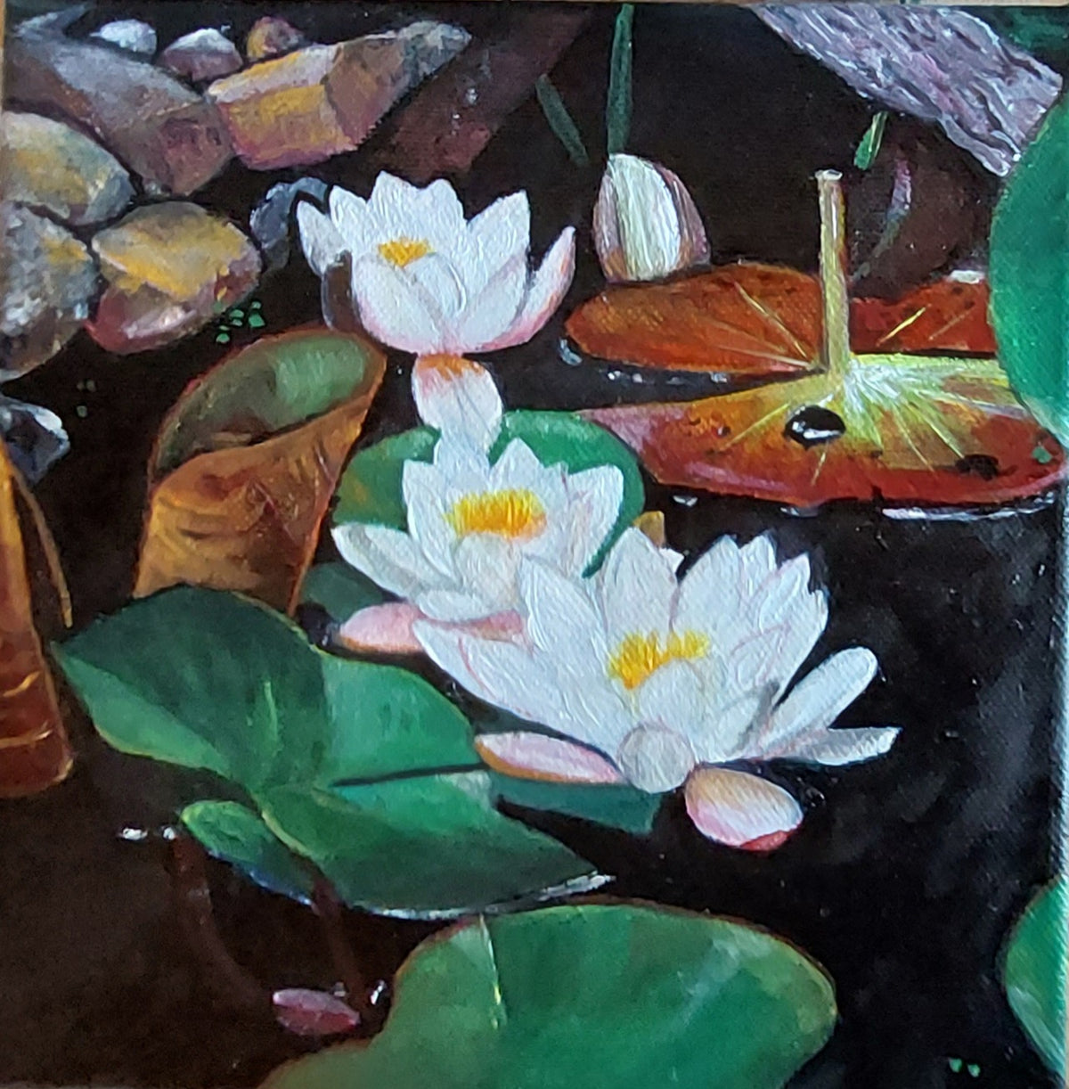 Weiße Seerosen im Gartenteich, Öl auf Leinwand, Uferzone, sommerliche Naturszene