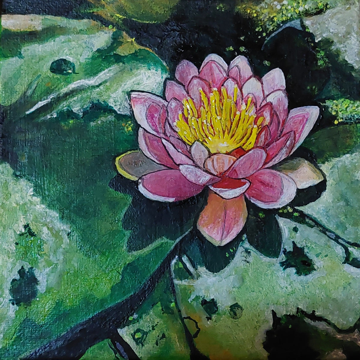 Rote Seerose im Sonnenlicht, Schattenspiele im Teich, Ölgemälde