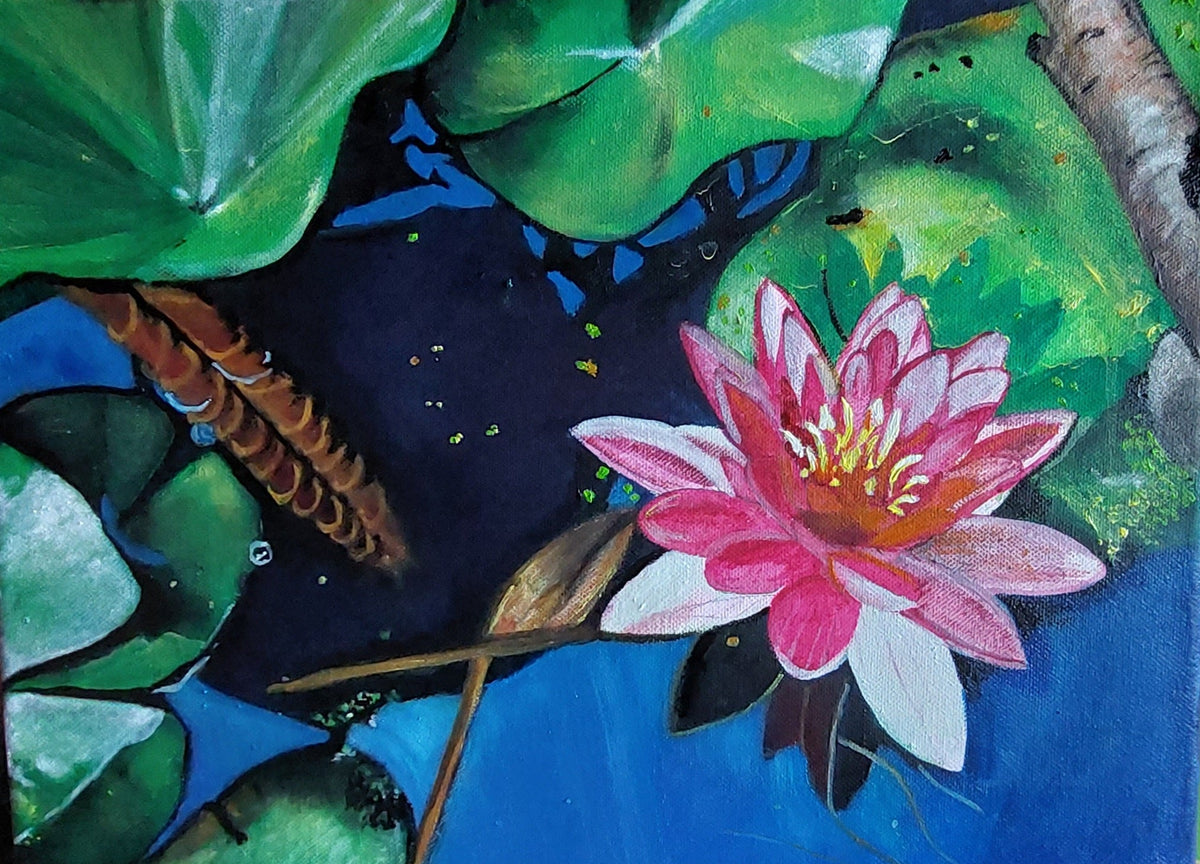 Rote Seerose neben Knospe, Wasserszene, Sommerszene, Landschaftsbild, Ölgemälde
