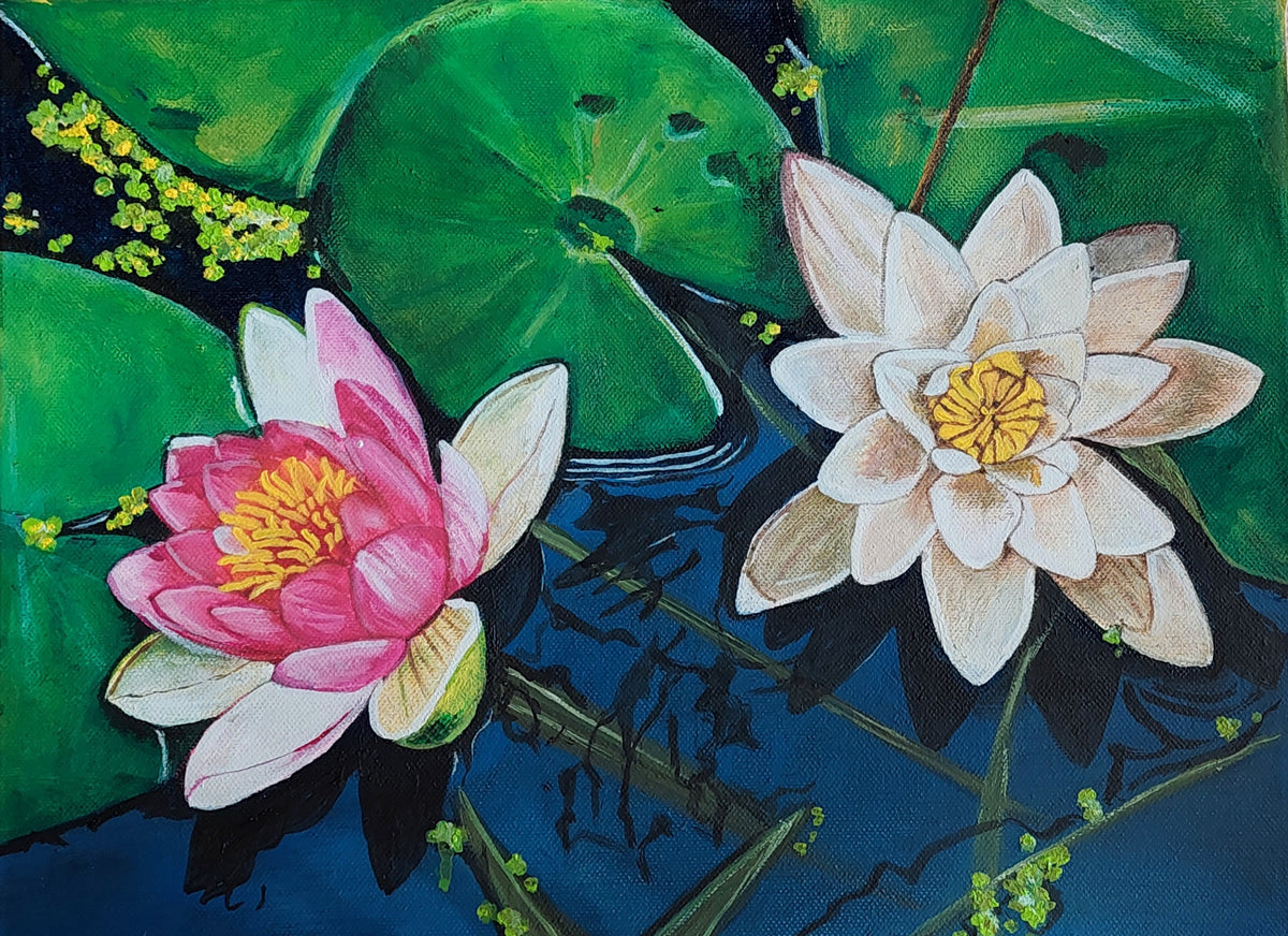 Rote und weiße Seerose auf dem Wasser, Duett, Sommerszene, Ölgemälde