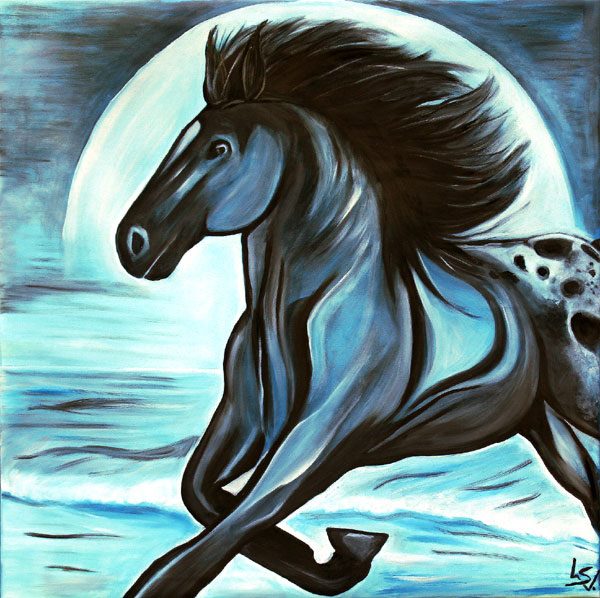 Das Mondpferd, schwarzes Pferd galoppiert vor einem Vollmond, Ölgemälde