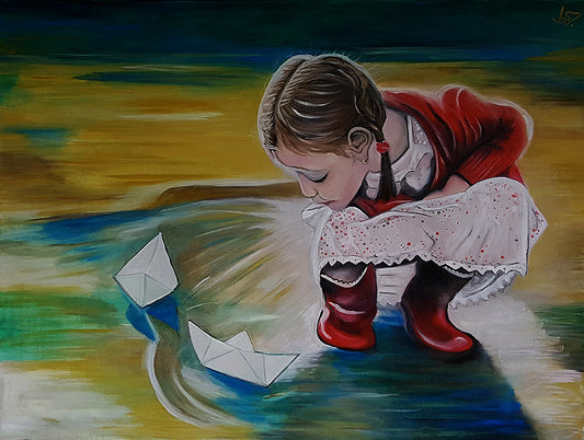 Kleines Mädchen mit roten Gummistiefeln und Papierschiffchen am Wasser, Ölgemälde