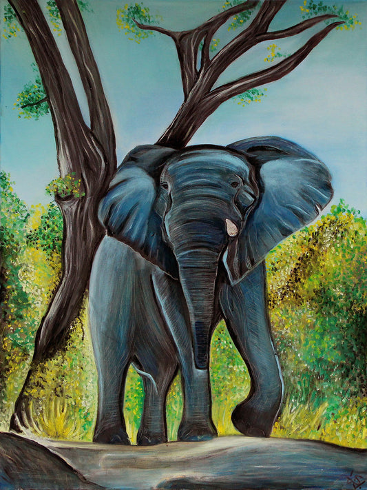 Der Bulle, Elefantenbulle im Wald, Sommerbild, Afrikanische Savanne, Ölgemälde