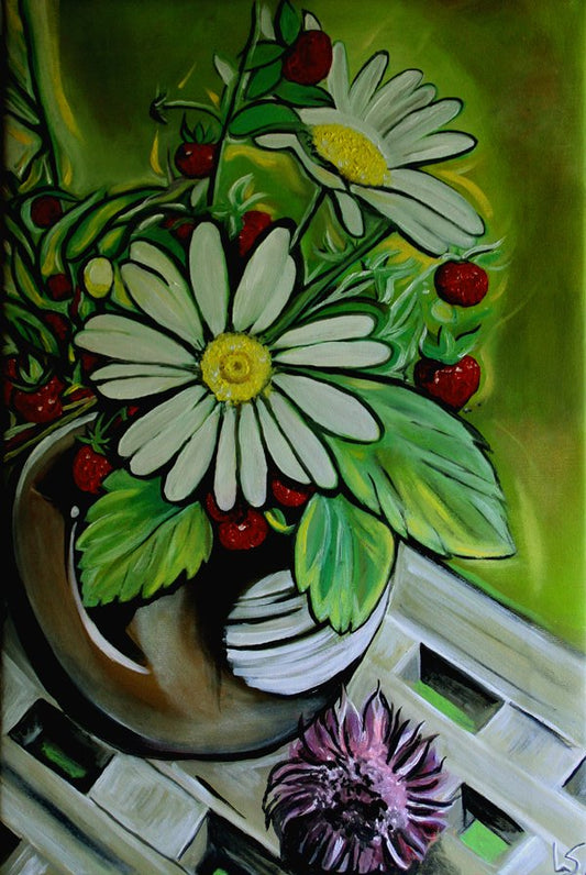 Stillleben einer Blumenvase, wilde Erdbeere inmitten von Margeriten, Ölgemälde