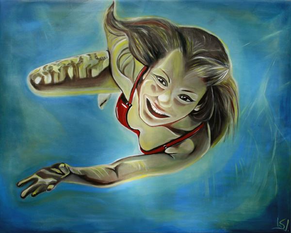 Losgelöst, Frau schwebt frei im Wasser, Ölgemälde