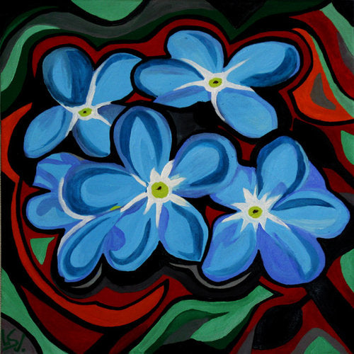 Blue flowers, blaue Blüten auf rotem Hintergrund, Ölgemälde Einzeldetail