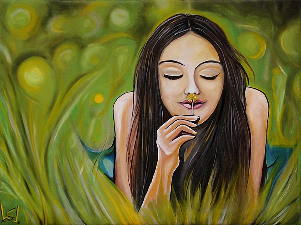 Smells like Summer, Frau liegt im Gras und riecht an einer Blume, Ölgemälde