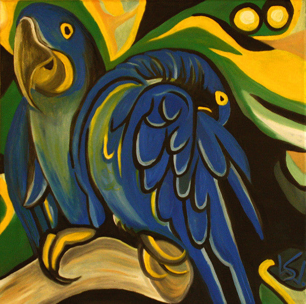 Sunny & Cher, zwei Hyazinth-Aras, Paradiesvogel, Tierportrait, Ölgemälde