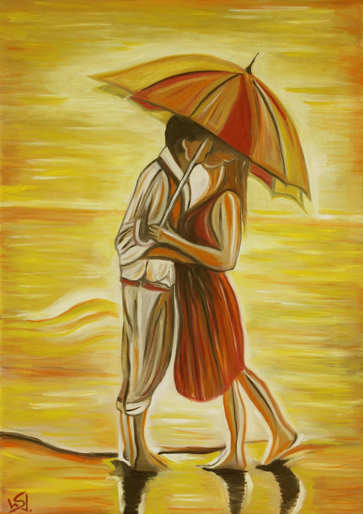 Kissing you, Liebespaar unter Regenschirm am Strand im Sonnenuntergang, Ölgemälde