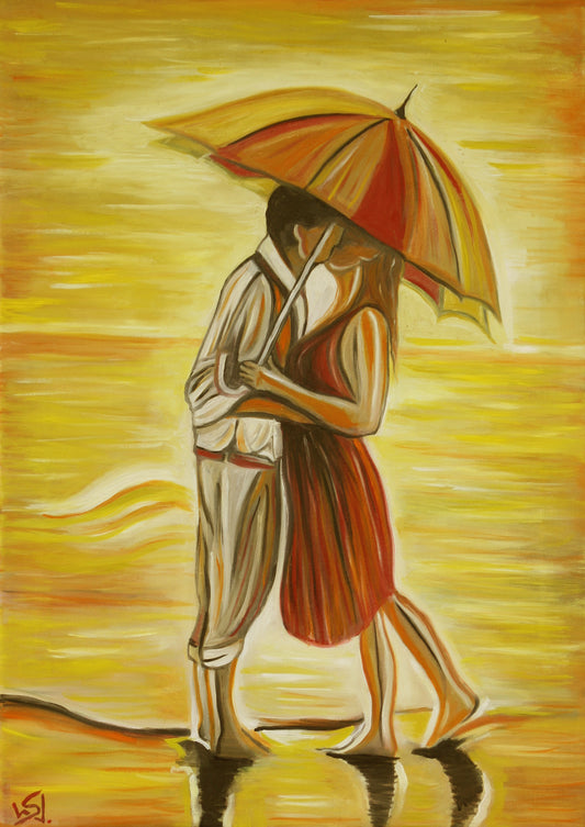 Kissing you, Liebespaar unter Regenschirm am Strand im Sonnenuntergang, Ölgemälde