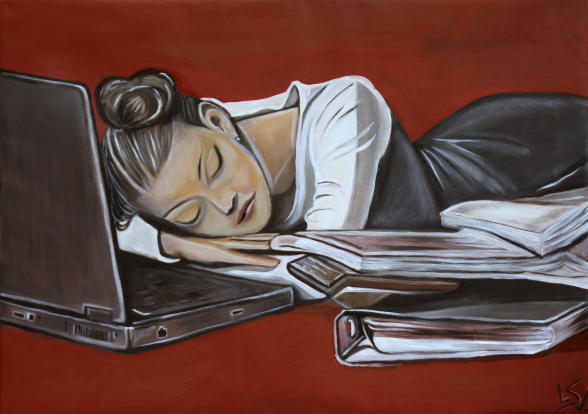 Lost in time, schlafende Frau am Laptop, Ölgemälde
