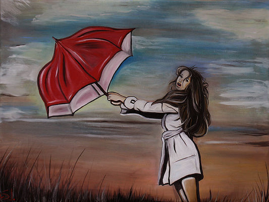 Stormy, Frau kämpft im Sturm mit rotem Regenschirm, Ölgemälde
