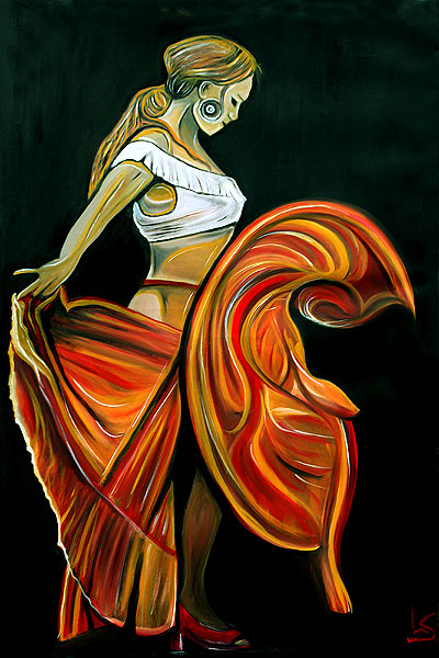 Carmen, Flamencotänzerin in leuchtendem rotem Kleid, expressives Ölgemälde