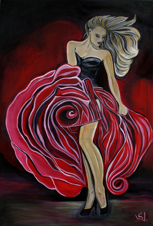 Red rose for you, Frau tanzt in rosenförmigem Kleid mit wehenden Haaren, expressives Ölgemälde