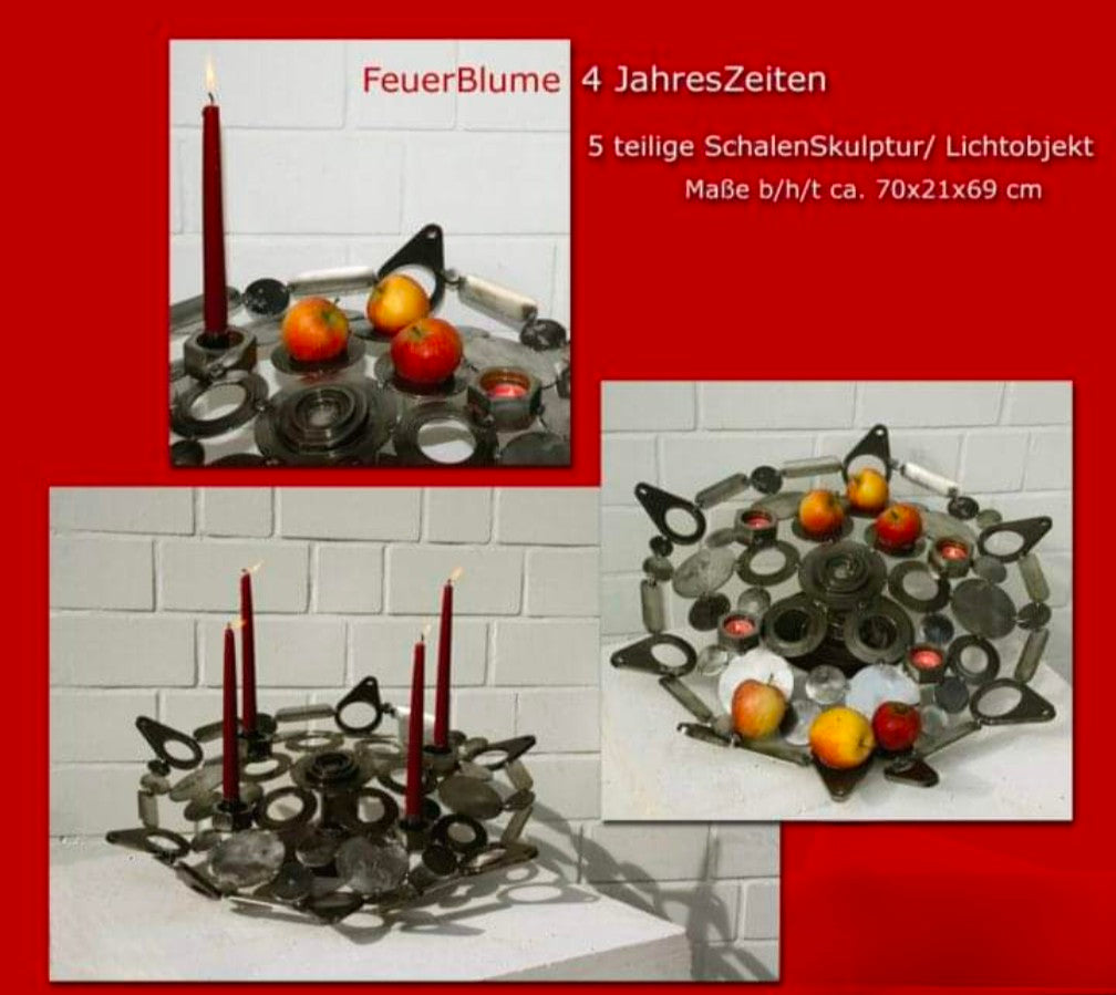 FeuerBlume 4 JahresZeiten als SchalenSkulptur und Lichtobjekt, mit Kerzen und Früchten arrangiert