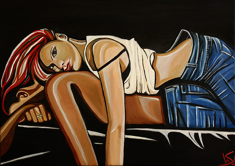 Bevor Du gehst, Junges Paar auf schwarzem Sofa, Pop Art Stil, Ölgemälde