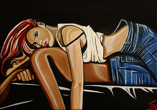 Bevor Du gehst, Junges Paar auf schwarzem Sofa, Pop Art Stil, Ölgemälde