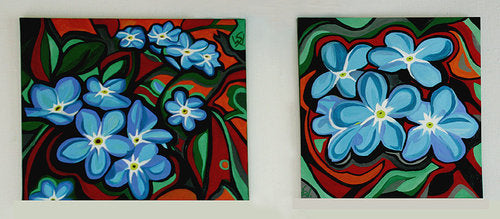 Blue flowers, Diptychon, blaue Blüten auf rotem Hintergrund, Ölgemälde