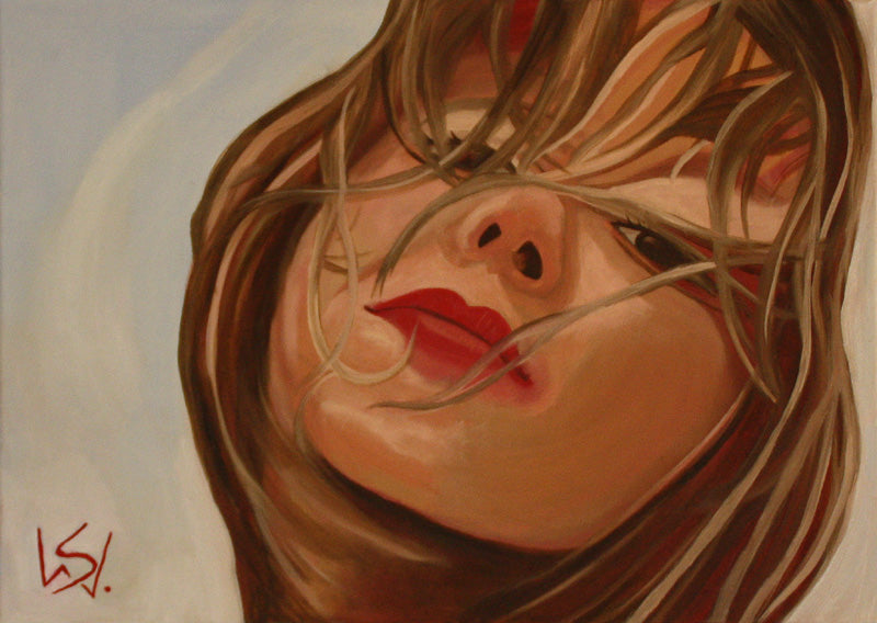 Last second, Frau mit wehenden Haaren und roten Lippen, Ölgemälde, Dreierserie