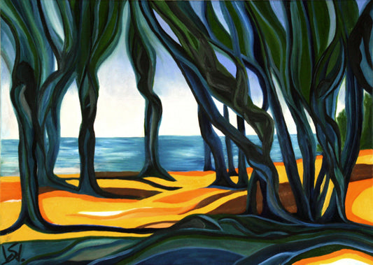 Im Wald der Feen, dunkle Bäume vor Strand und Meer, Sommerbild, Ölgemälde