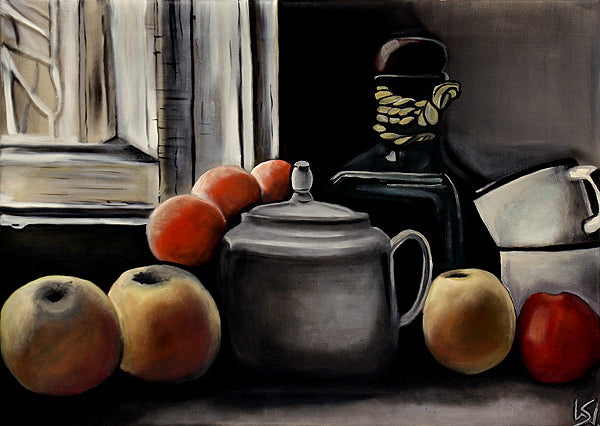 In the kitchen, Stillleben mit Teekanne, Äpfeln und Orangen am Fenster, Ölgemälde