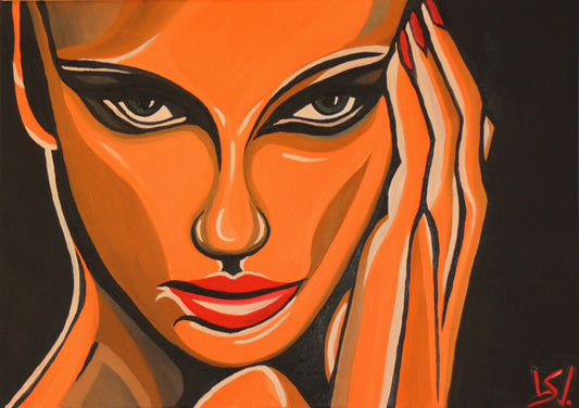 Kopfkino, Frauenporträt im Pop-Art Stil, Ölbild in Schwarz, Rot, Orange