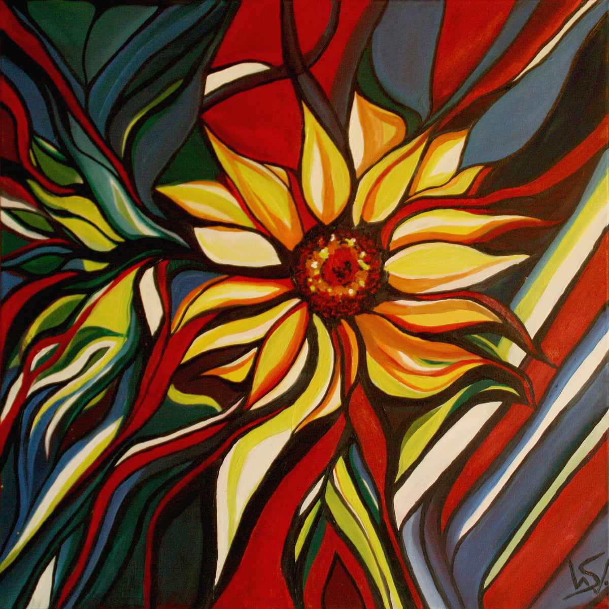 Spring, leuchtende Sonnenblume in bunten Farben, Ölgemälde