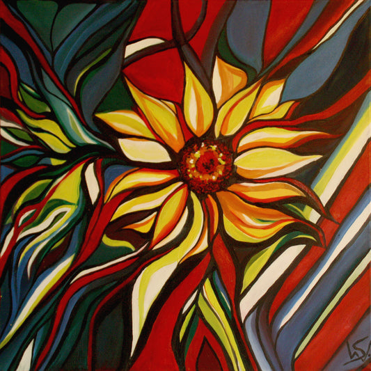 Spring, leuchtende Sonnenblume in bunten Farben, Ölgemälde
